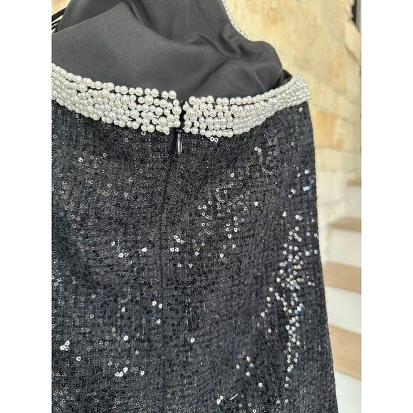 Self Portrait Black Boucle Pearl Trim Mini Dress US 6 - Picture 14 of 16